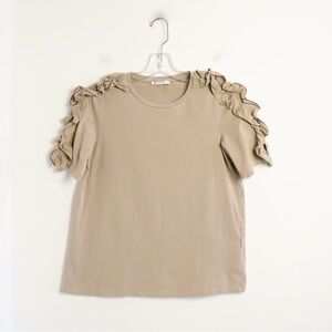 Zara cool beige t-shirt frill detail sleeve cotton blend stretch M loose fit
